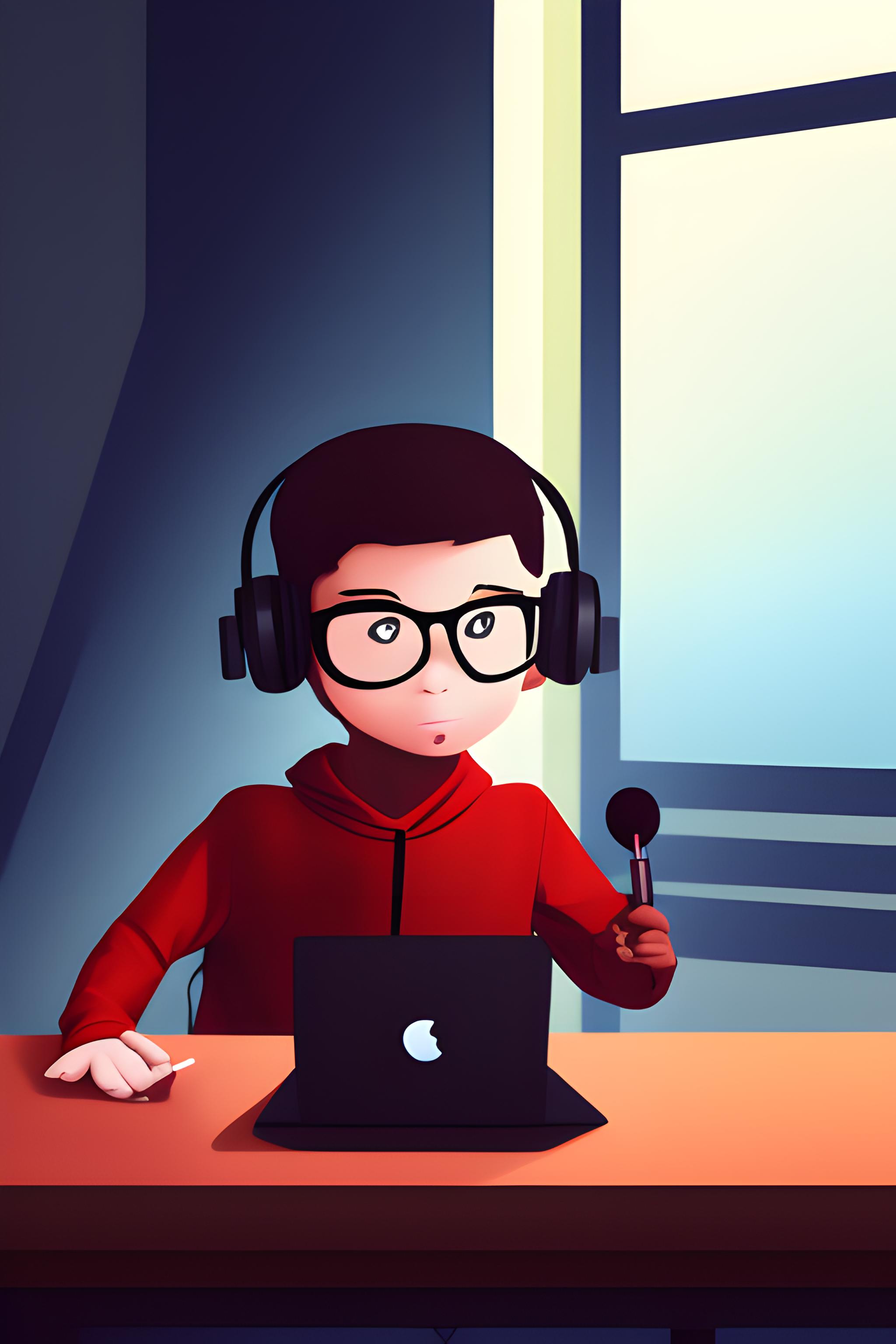 behind a table, the character is wearing a black shirt and a red hoodie and attractive glassed and voice over mic include a studio table in front if the boy front editing studio in 16:9 ratio